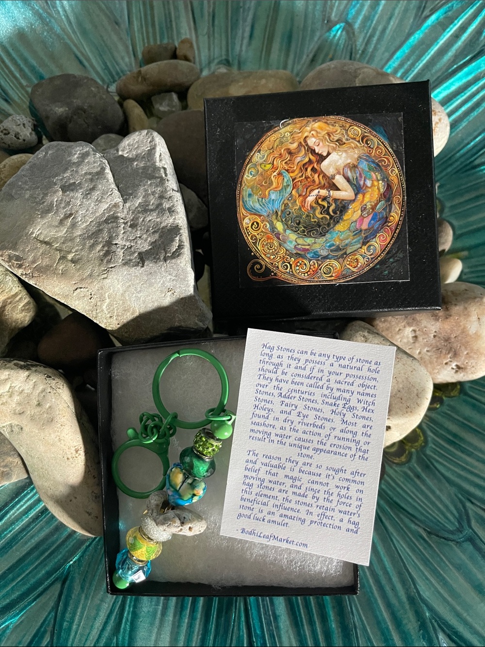 Green Mermaid Glass Bead Keychain with Gift Box